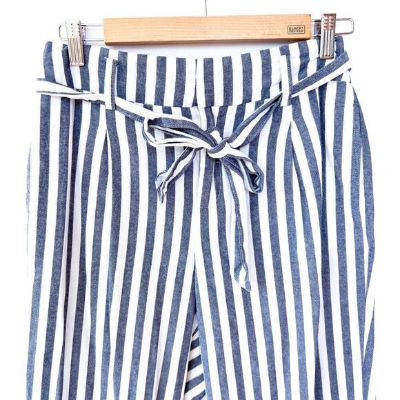 Zara White Blue Gray Striped Paper Bag 100% Cotton Pants Small - Picture 2 of 8
